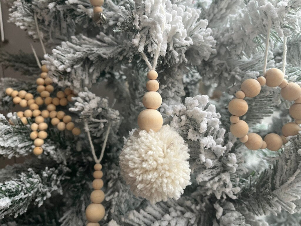 Set of 3 Wooden Bead Pom-Pom Bauble | Scandi tree decoration | minimal Christmas | bead tree decor | snowflake bead tree decoration