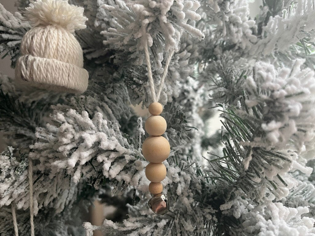 Set of 3 Wooden Bead Bell Bauble | Scandi tree decoration | minimal Christmas | bead tree decor | snowflake bead tree decoration