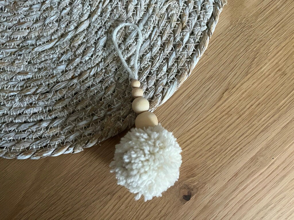 Set of 3 Wooden Bead Pom-Pom Bauble | Scandi tree decoration | minimal Christmas | bead tree decor | snowflake bead tree decoration
