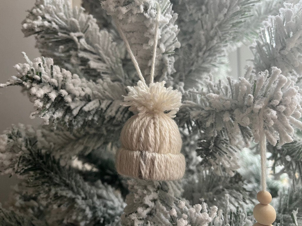Set of 3 Wooden Bead Bobble Hat Bauble | Scandi tree decoration | minimal Christmas | bead tree decor | snowflake bead tree decoration