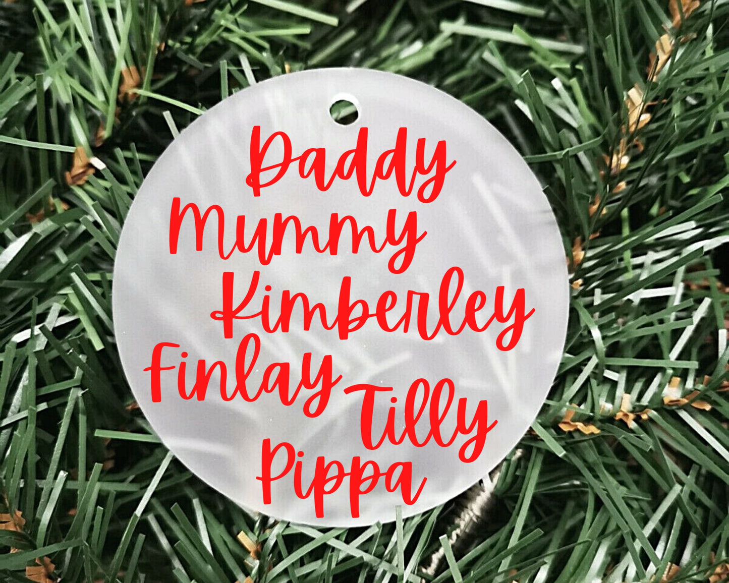 Family Names Christmas Bauble | Personalised Acrylic Bauble | Frosted Acrylic Hanging Decoration | Family Xmas bauble | Handmade Tree Decor