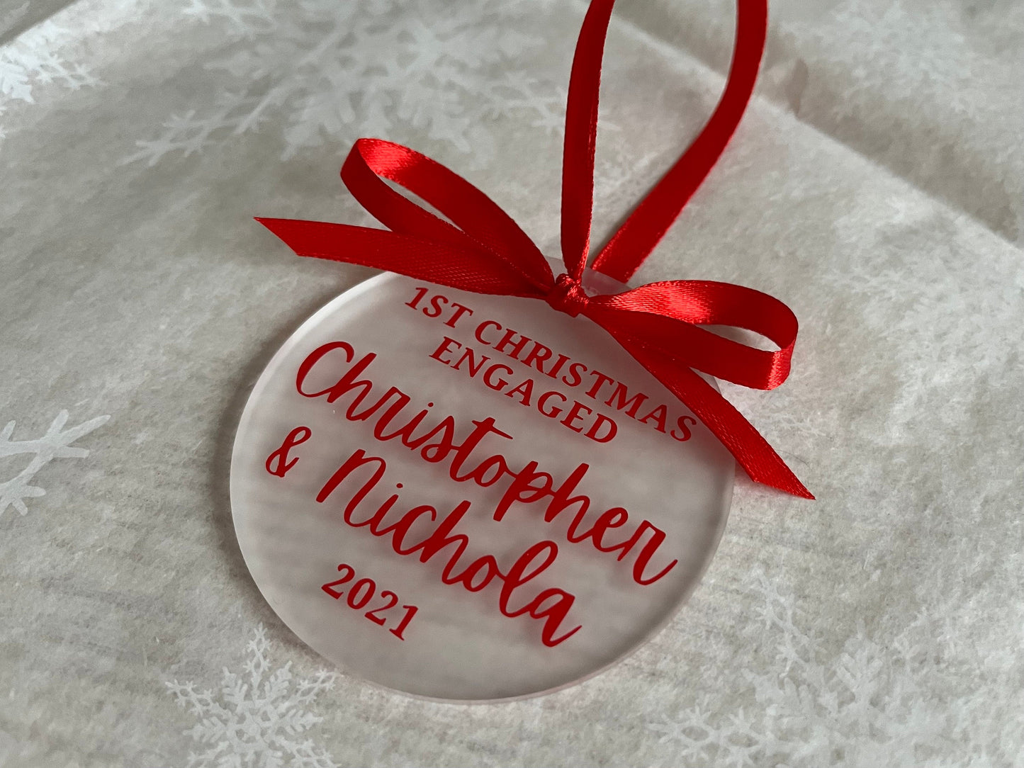 Our First Christmas Engaged Names 2022 | Personalised Acrylic Bauble | Frosted Acrylic Hanging Decoration | Couple | Fiancé | Handmade