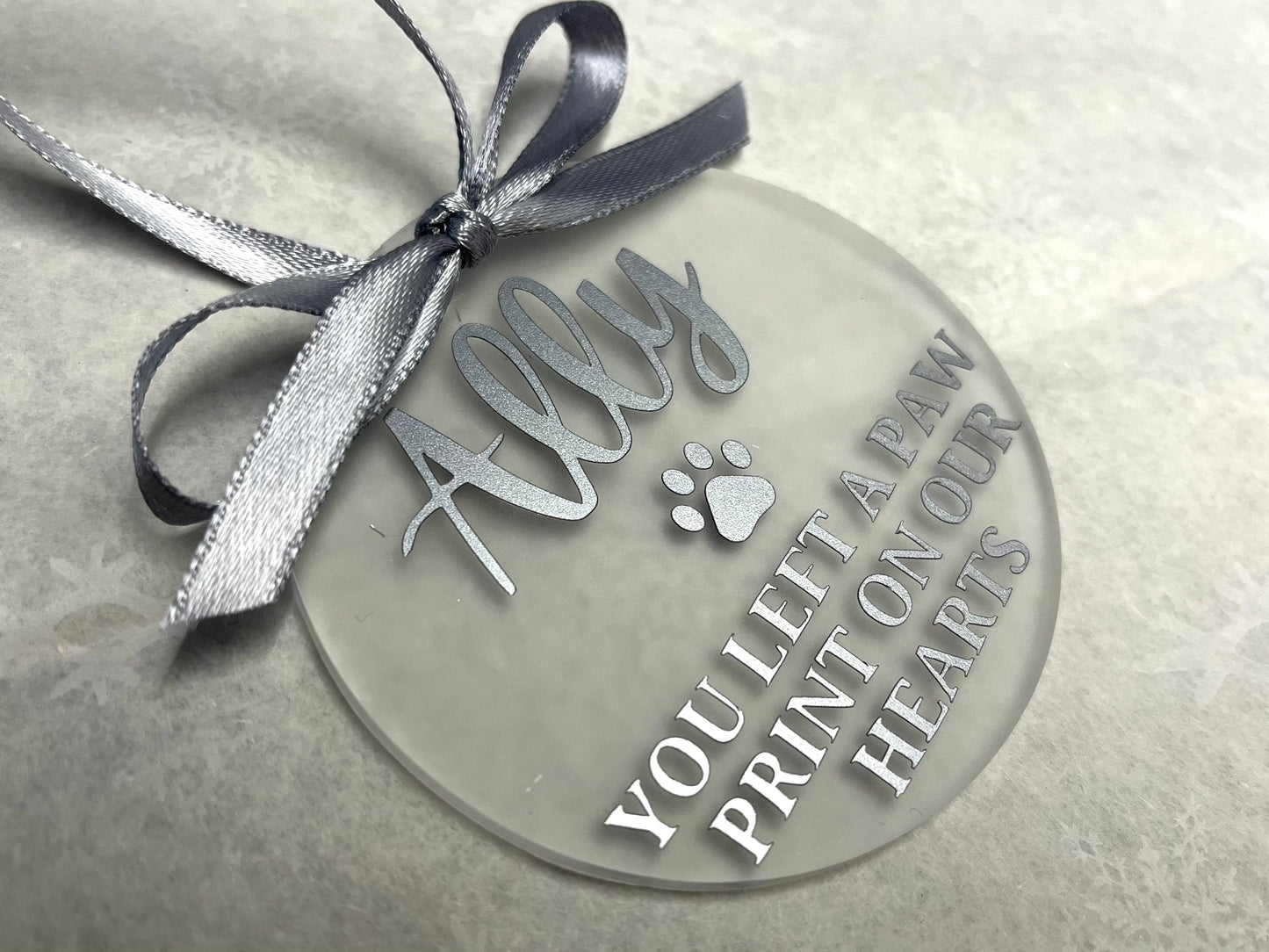 Left a paw print on our hearts | Personalised Acrylic Bauble | Frosted Acrylic Hanging Decoration | pet memorial bauble |Rememberance bauble