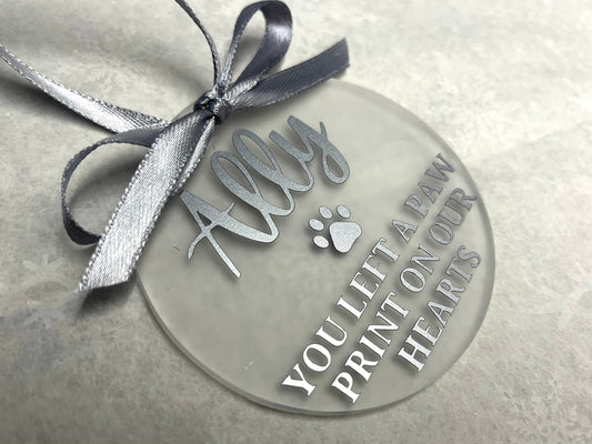 Left a paw print on our hearts | Personalised Acrylic Bauble | Frosted Acrylic Hanging Decoration | pet memorial bauble |Rememberance bauble