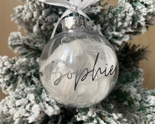 Personalised feather filled memorial bauble| Personalised Acrylic Bauble | feather filled bauble | memorial bauble | Rememberance bauble