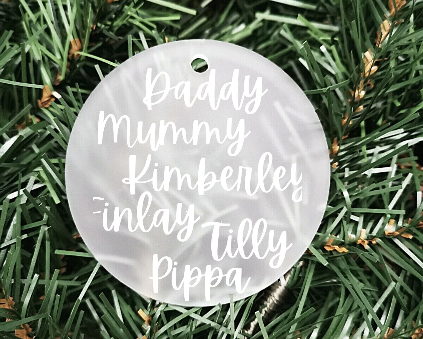 Family Names Christmas Bauble | Personalised Acrylic Bauble | Frosted Acrylic Hanging Decoration | Family Xmas bauble | Handmade Tree Decor