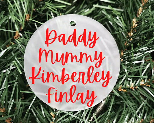 Family Names Christmas Bauble | Personalised Acrylic Bauble | Frosted Acrylic Hanging Decoration | Family Xmas bauble | Handmade Tree Decor
