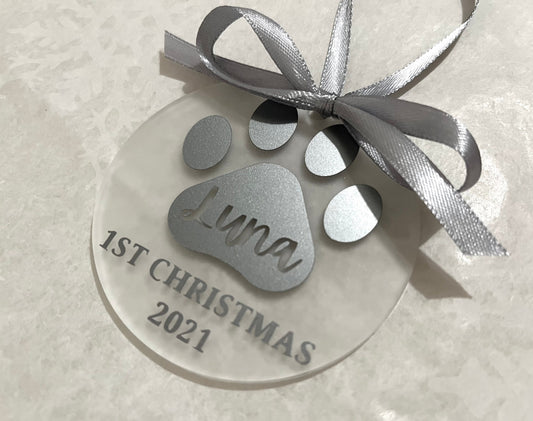 Pet's First Christmas | Personalised Acrylic Bauble | Frosted Acrylic Hanging Decoration | dog/cat first christmas bauble |